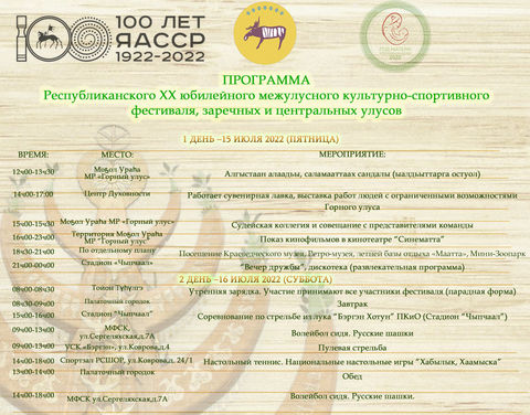 ПРОГРАММА Республиканского XX юбилейного межулусного культурно-спортивного фестиваля, заречных и центральных улусов среди людей с ограниченными возможностями здоровья по адаптивным видам спорта